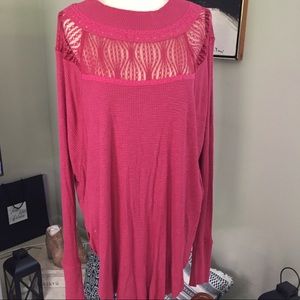 Free People Oversized Thermal Knit Top w/Lace Collar, S/P